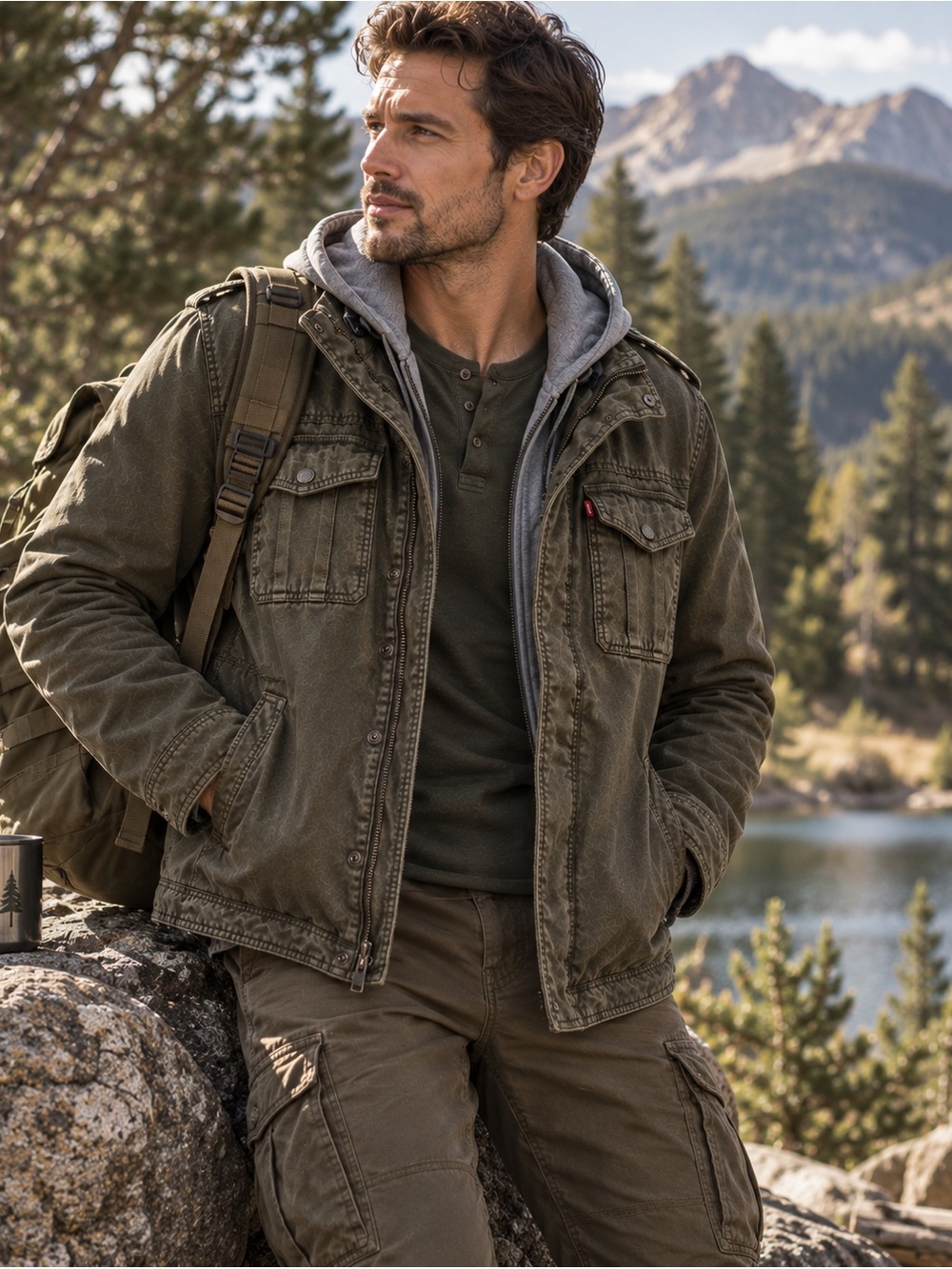 Levi’s Military Field Jacket M Olive Sherpa Hood Utility Trucker Coat Army Work